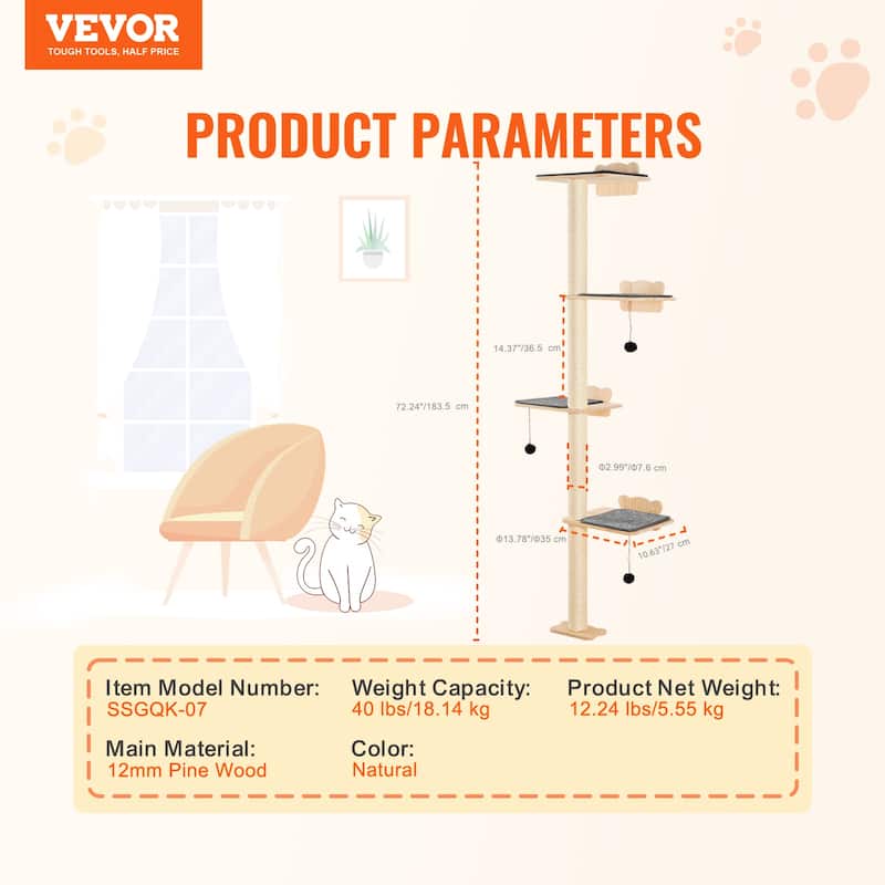 4 Tiers Tall Cat Tree Wood Cat Perch for Sleeping Playing and Climbing