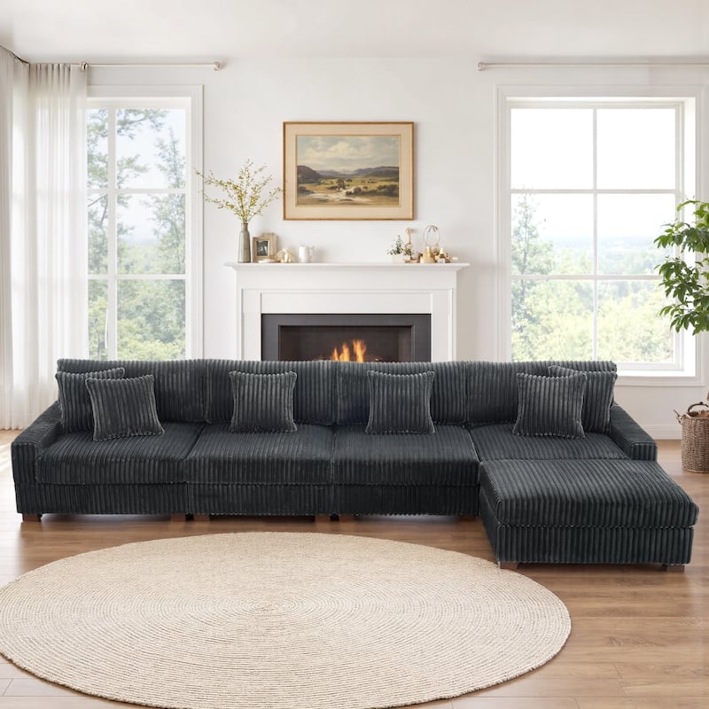 Anne 150" W Upholstered Plush Corduroy Modular Sectional Sofa - 5-Piece Grey
