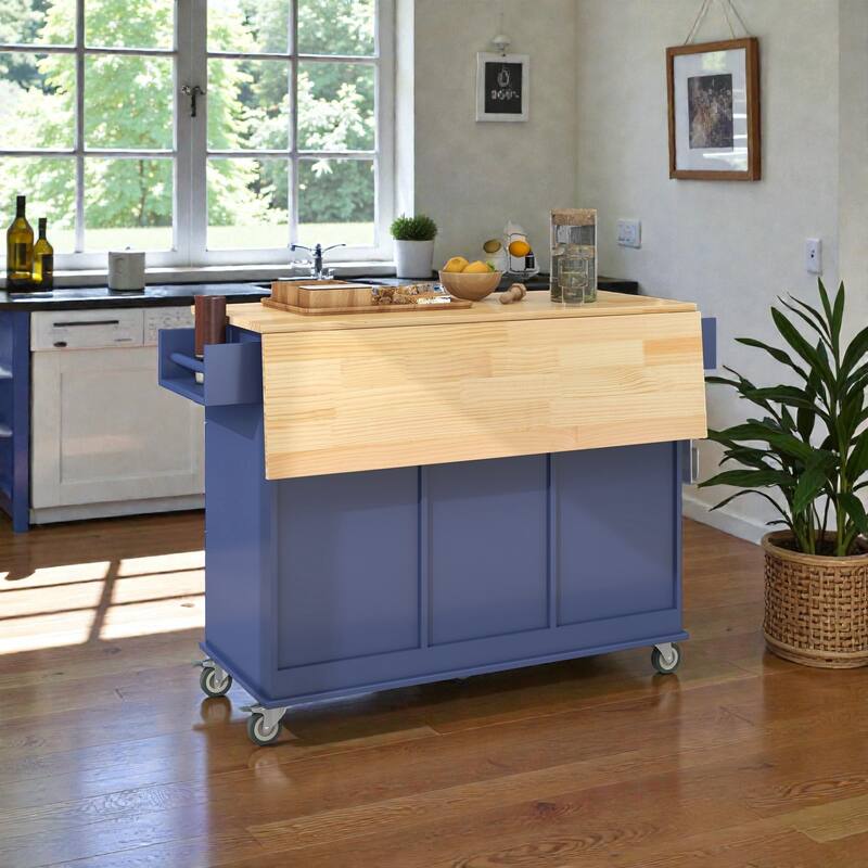 52.7" Rolling Kitchen Island with Solid Wood Top, Drop Leaf Breakfast Bar, Storage Cabinet, Wheels