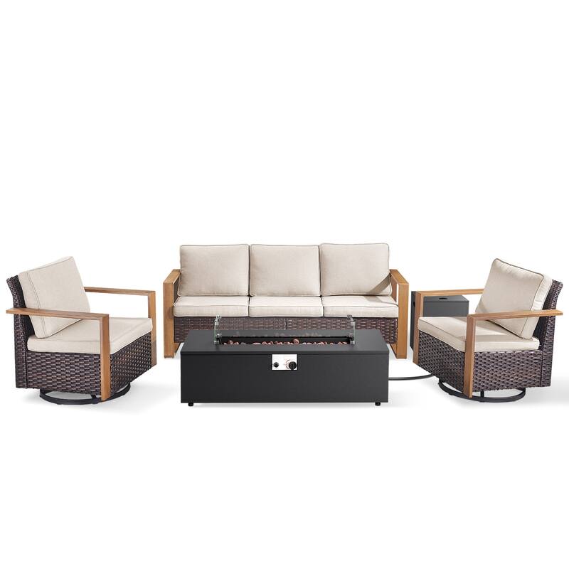 Pocassy 43 In Fire Pit w/ Outdoor Sofa Swivel Chair Ottoman Set