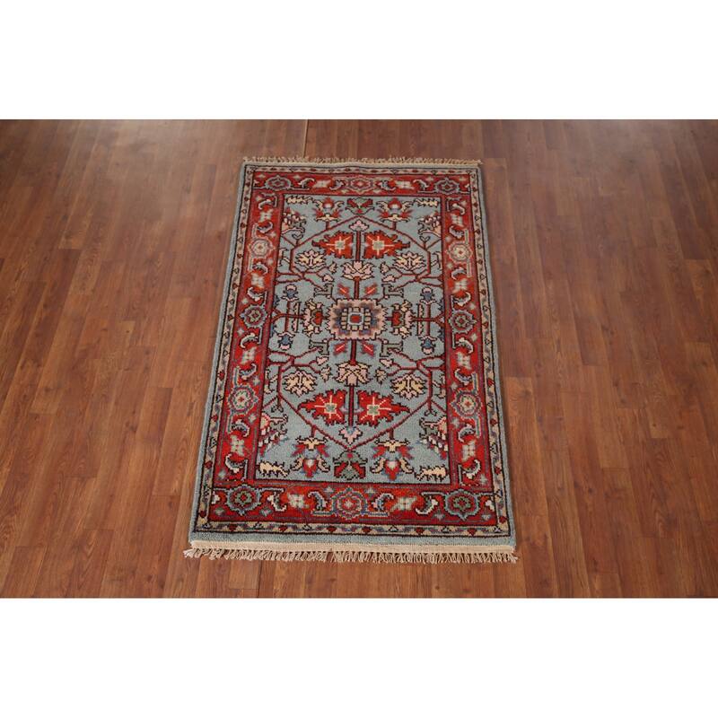 Blue Oushak Indian Accent Rug Hand-Knotted Transitional Wool Carpet - 3'0"x 4'10"