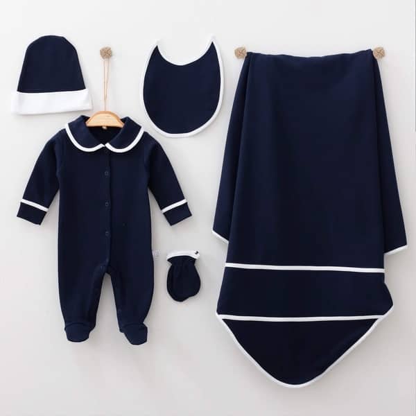 slide 2 of 7, Cotton Satin 5-Piece Newborn Baby Set Navy Blue