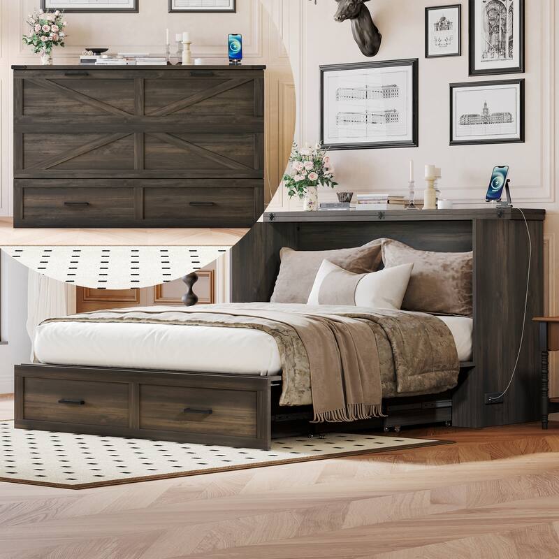 Queen Size Farmhouse Murphy Cabinet Bed with Charging Station, Foldable Platform Bed with Large Storage Drawer for Guest-Room - Gray