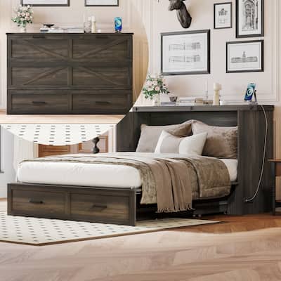 Queen Size Farmhouse Murphy Cabinet Bed with Charging Station, Foldable Platform Bed with Large Storage Drawer