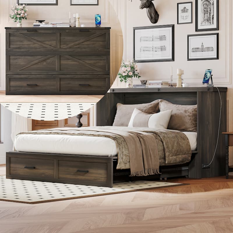 Queen Size Murphy Bed with Built-in Charging Station and Spacious Storage Drawers for Versatile Spaces