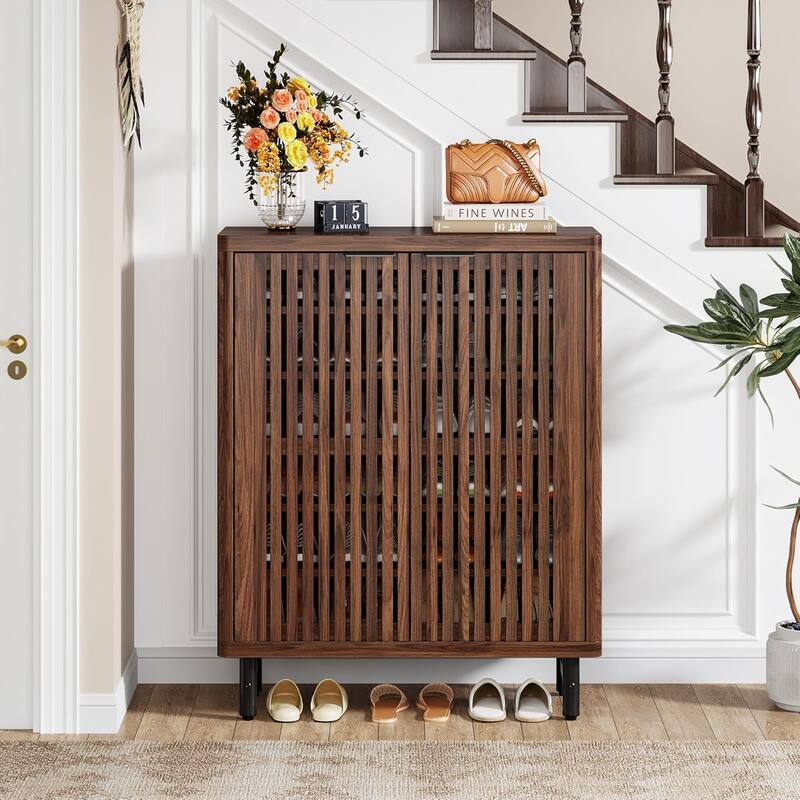 6-Tier Shoe Cabinet with Shutter Doors Adjustable Shelves Wooden Storage Cabinet for Entryway/Hallway/Closet/Living Room