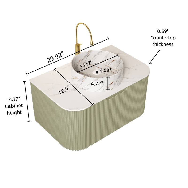 24 Inch/30 Inch/36 Inch Wall-Mounted Bathroom Vanity Cabinet with Counter Top Sink, Round Ceramic Basin with Stone Pattern