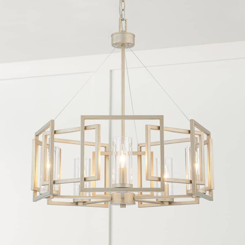 5-Light Industrial Vintage Brushed Gold Drum Large Chandelier with Clear Glass Shade - 23.6 in. W x 25.7 in. H - 23.6 in. W x 25.7 in. H - Brushed Champagne Gold
