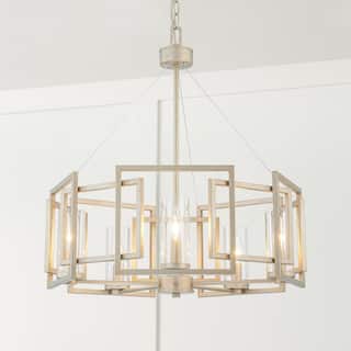 5-Light Industrial Vintage Brushed Gold Drum Large Chandelier with Clear Glass Shade - 23.6 in. W x 25.7 in. H