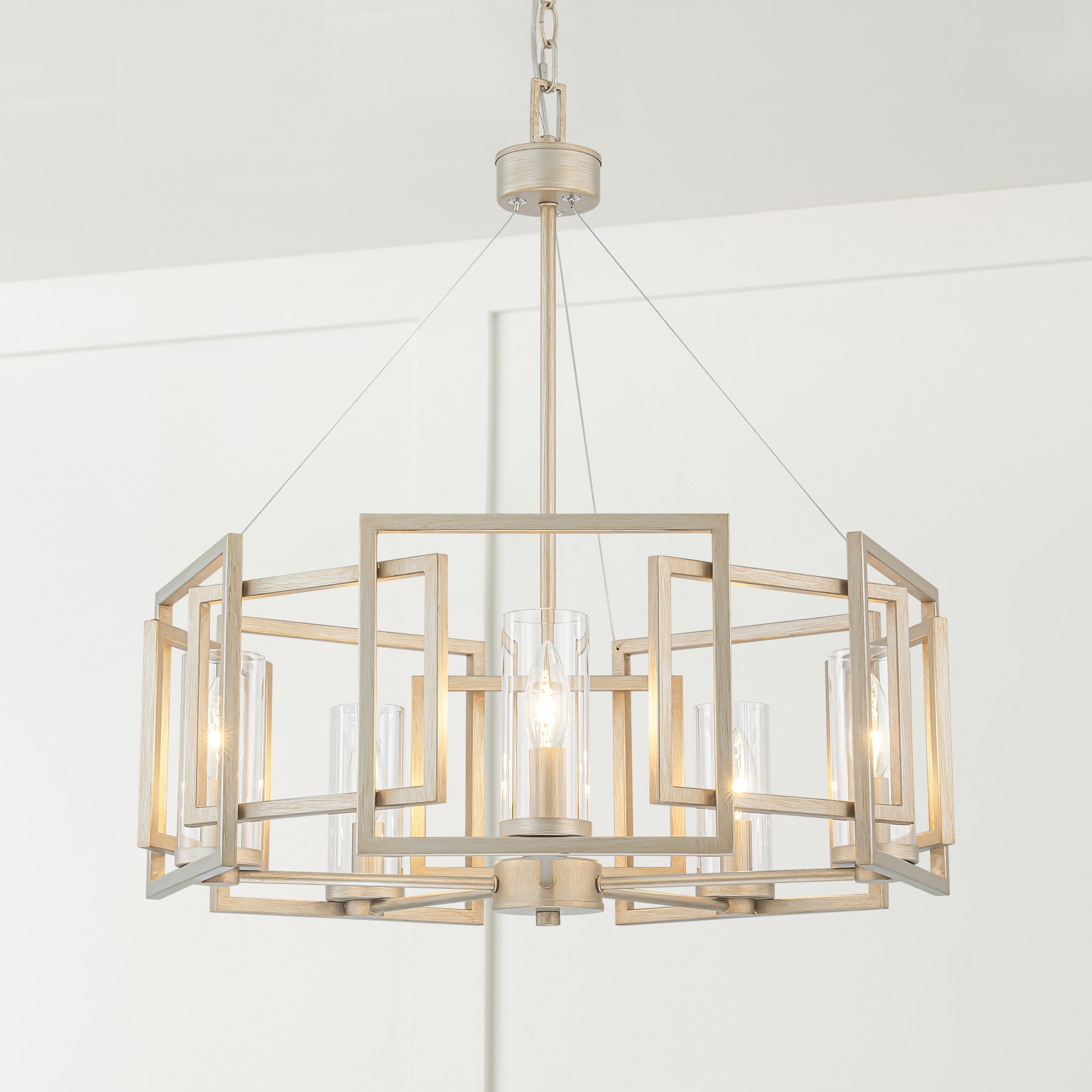 Rennnsan 5-Light Industrial Vintage Brushed Gold Drum Large Chandelier with Clear Glass Shade - 23.6 in. W x 25.7 in. H