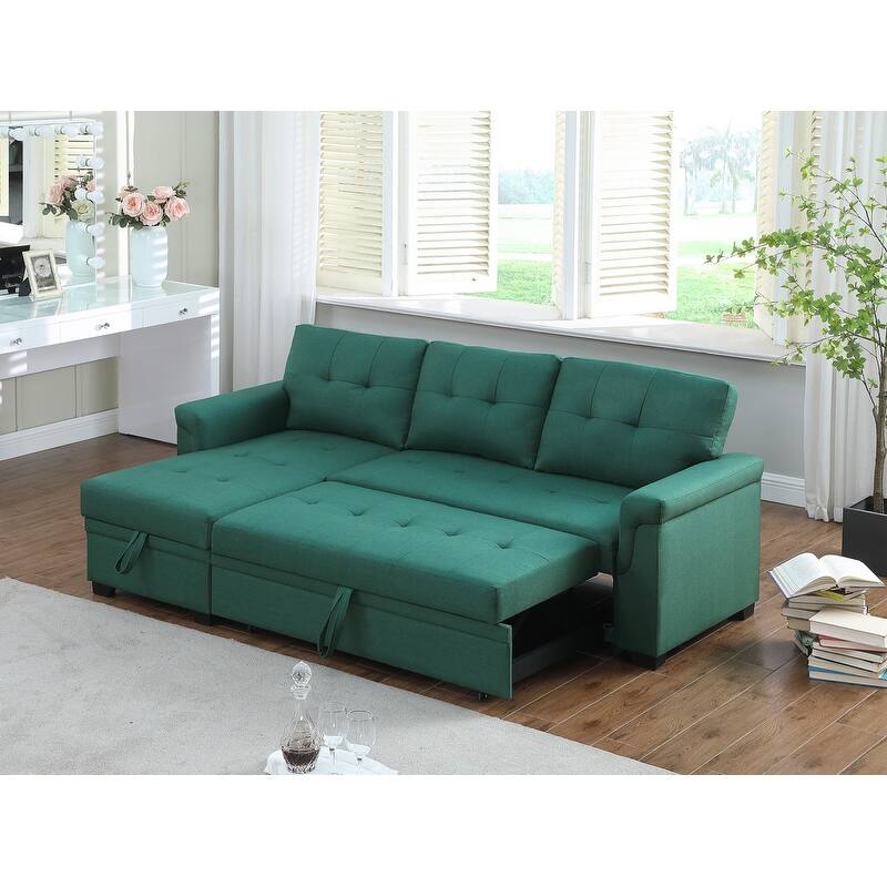 Solid Wood Frame Linen Reversible Sleeper Sectional Sofa with Storage Chaise