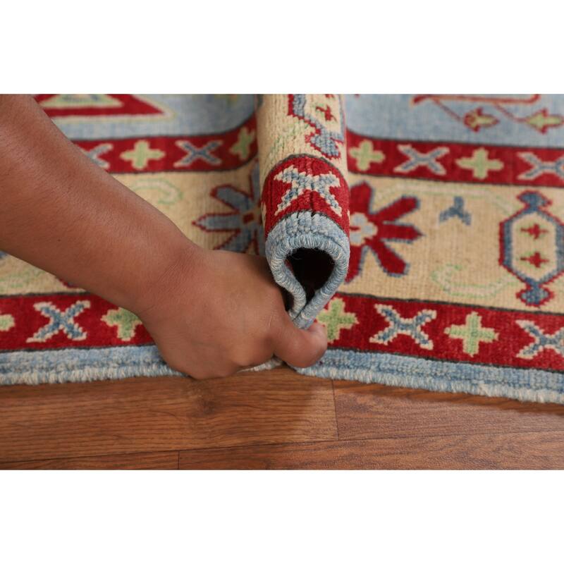 Light Blue Geometric Kazak Rug Hand-Knotted Bedroom Wool Carpet - 4'2" x 5'8"