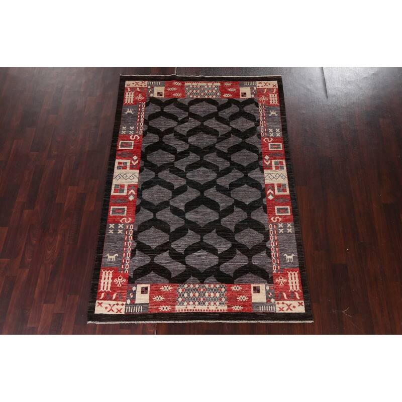 Geometric Trellis Gabbeh Kashkoli Oriental Wool Area Rug Hand-knotted - 5'4" x 7'9"