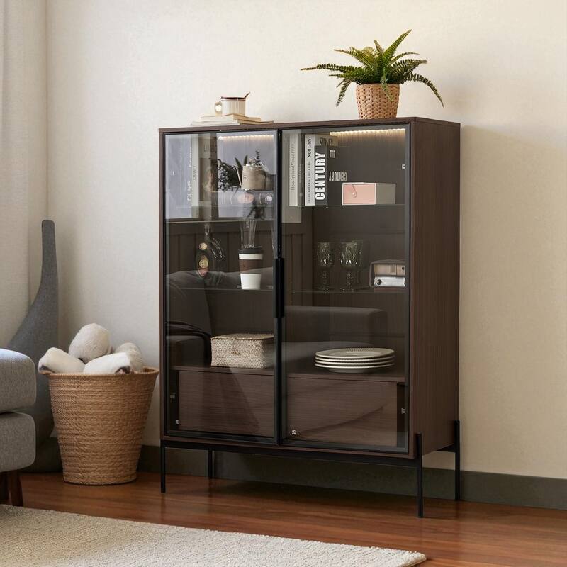 51.2" Modern Display Cabinet with Glass Doors, LED Lighting, Adjustable Shelves and 2 Storage Drawers
