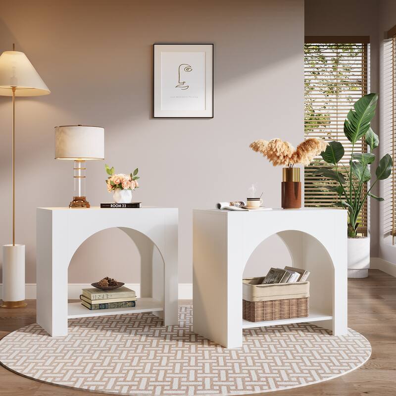 Farmhouse End Table for Living Room Large Side Table with Storage Sofa Table - 2 Packs - White