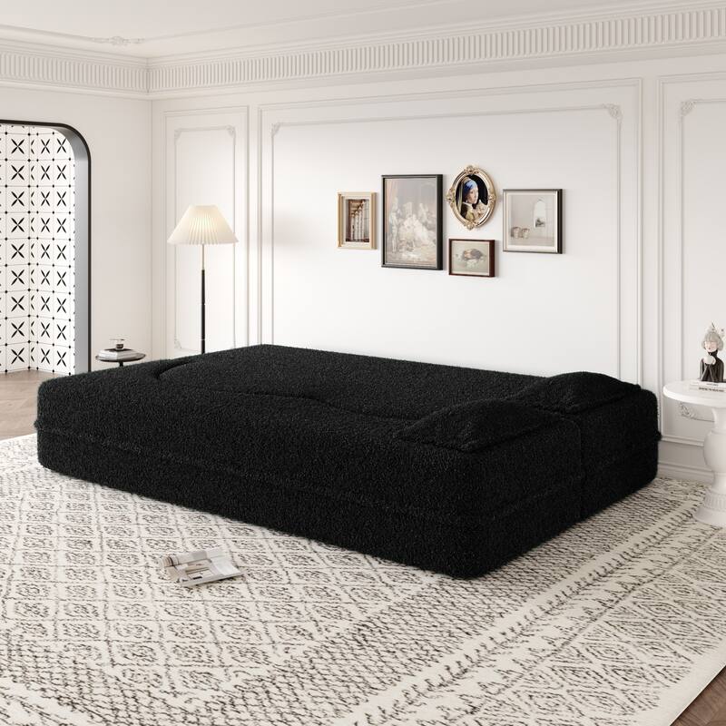 Modern Convertible Teddy Fabric Foam-Filled Sleeper Sofa Bed with 2 Pillows
