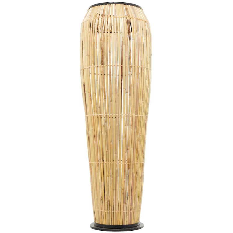 Brown Wicker Wood and Rattan Handmade Slatted Frame Vase with Black Metal Accents