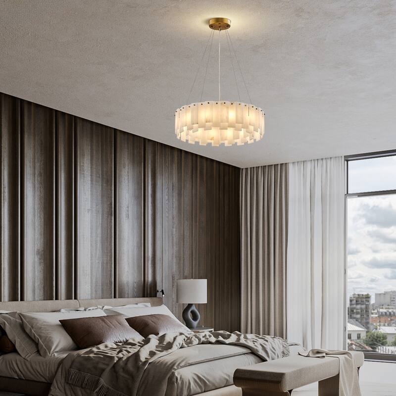 Modern Layered Alabaster Slice Chandelier, Round or Linear Pendant Light, D600-L1200 - Gold