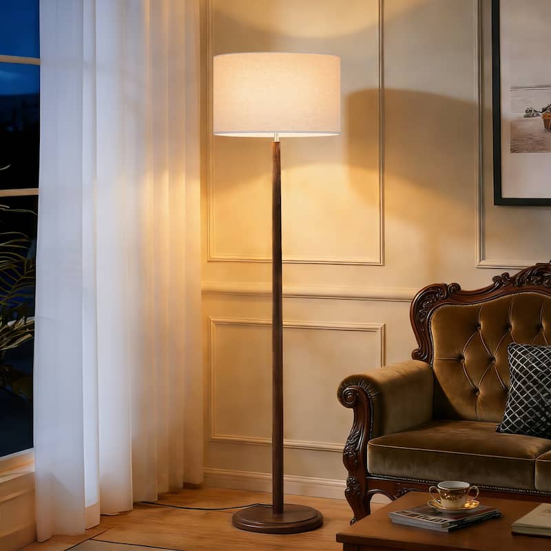 61" Walnut Wood Floor Lamp with Linen Drum Shade, Standing Lamp with Foot Step ON/OFF Switch (Bulb Not Included) - Beige