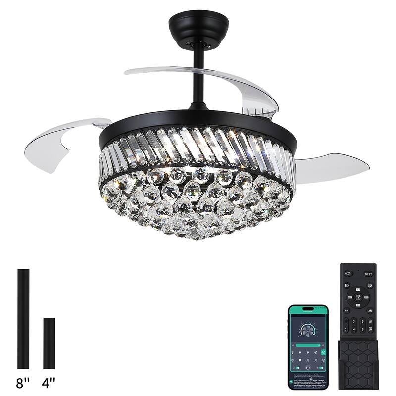 48" Crystal Fandelier Ceiling Fan with Light and Retractable Blades LED Dimmable for Bedroom Living Room - 48 Inches