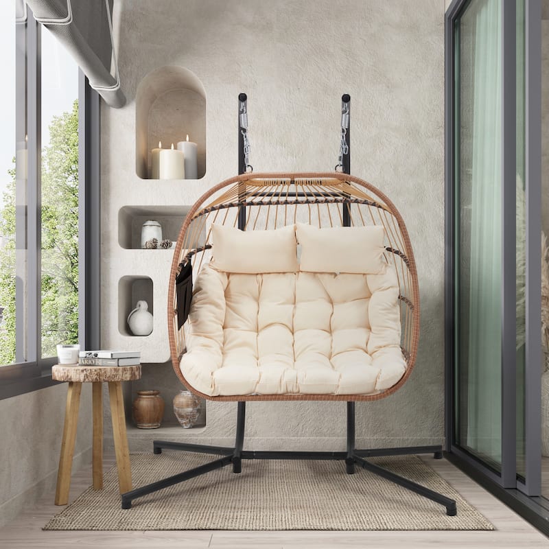 EROMMY Hanging Egg Chair with Stand, Foldable Indoor/Outdoor Swing Chair includes Cushion and Pillow, Patio Wicker Swing