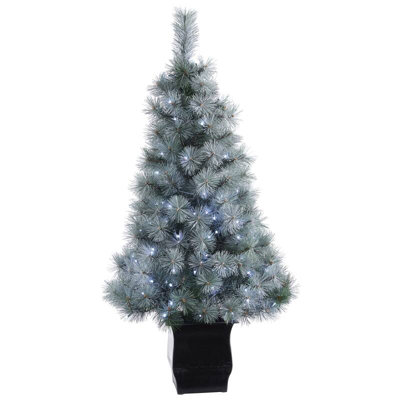 4ft. Snowy Pine Artificial Christmas Tree with 150 LED Lights in Decorative Planter - Charming Holiday X-Mas Décor