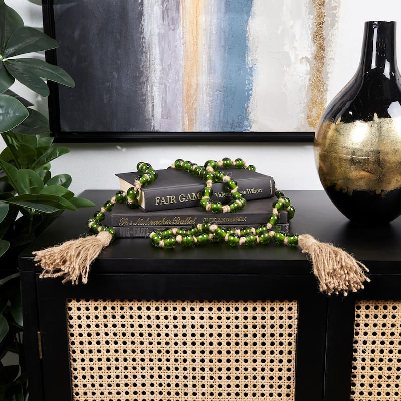 Glass Handmade Round Long Frosted Beaded Garland with Tassel with Knotted Brown Jute - Various Colors - Roche River Decor