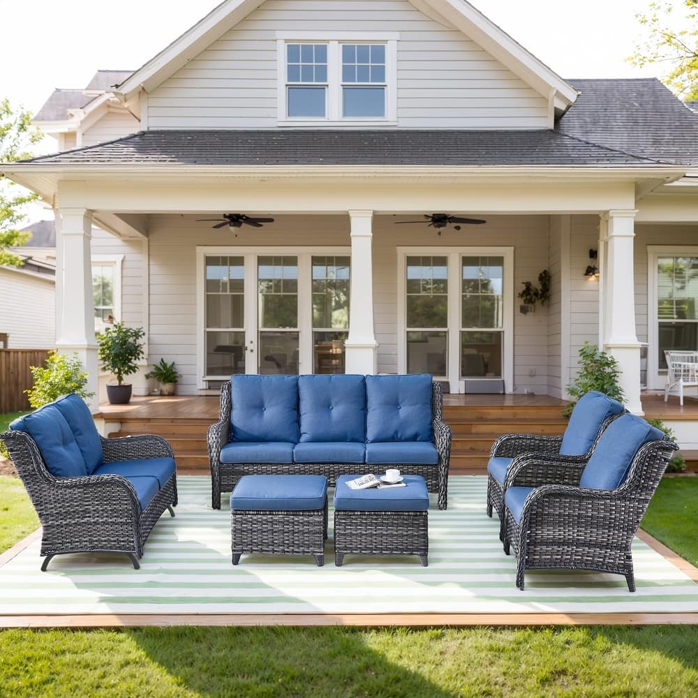 Outdoor Sofa with Swivel Chairs and Glider Sofa - Blue cushion - Grey