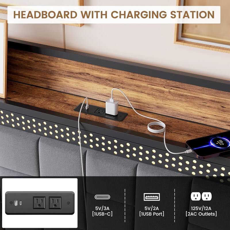 Gray Upholstered Bed Frame with LED Lights, Charging Station & Storage Headboard, No Box Spring Needed