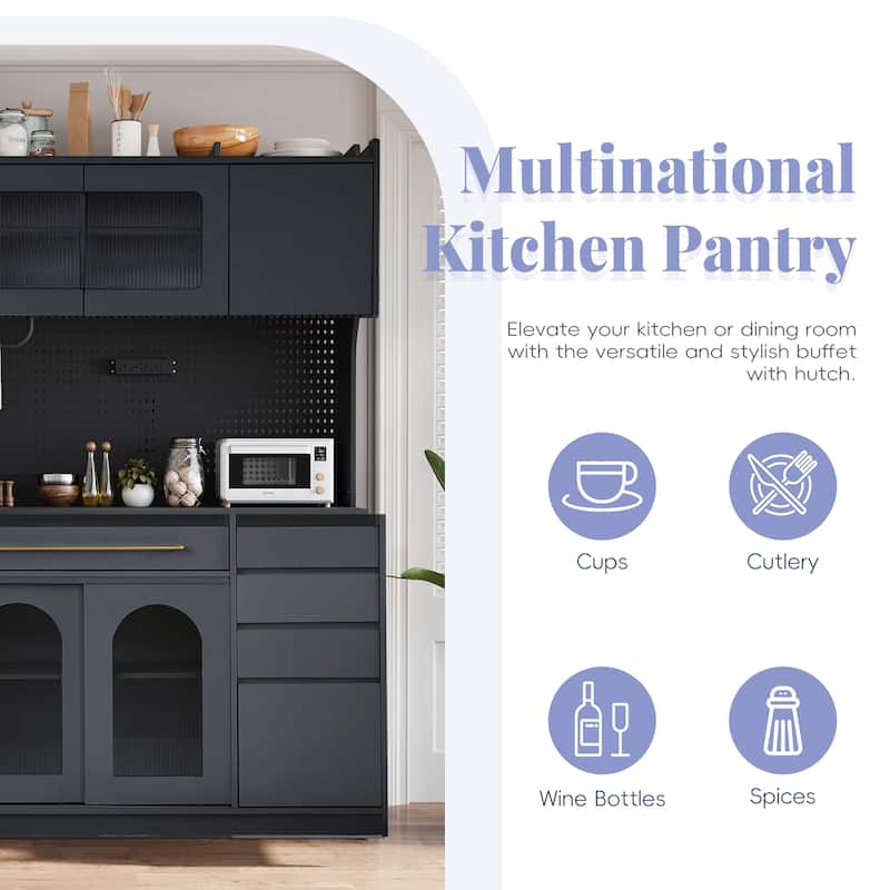 63 Inch Kitchen Coffee Bar Cabinet with Hutch, Freestanding Buffet with Power Outlet, Drawers & Towel Rack