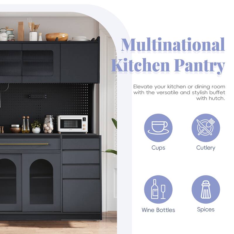 Freestanding 63'' W Buffet with Hutch, Large Coffee Bar Storage Cabinet with 6 Drawers, 5 Cabinets with Adjustable Shelves