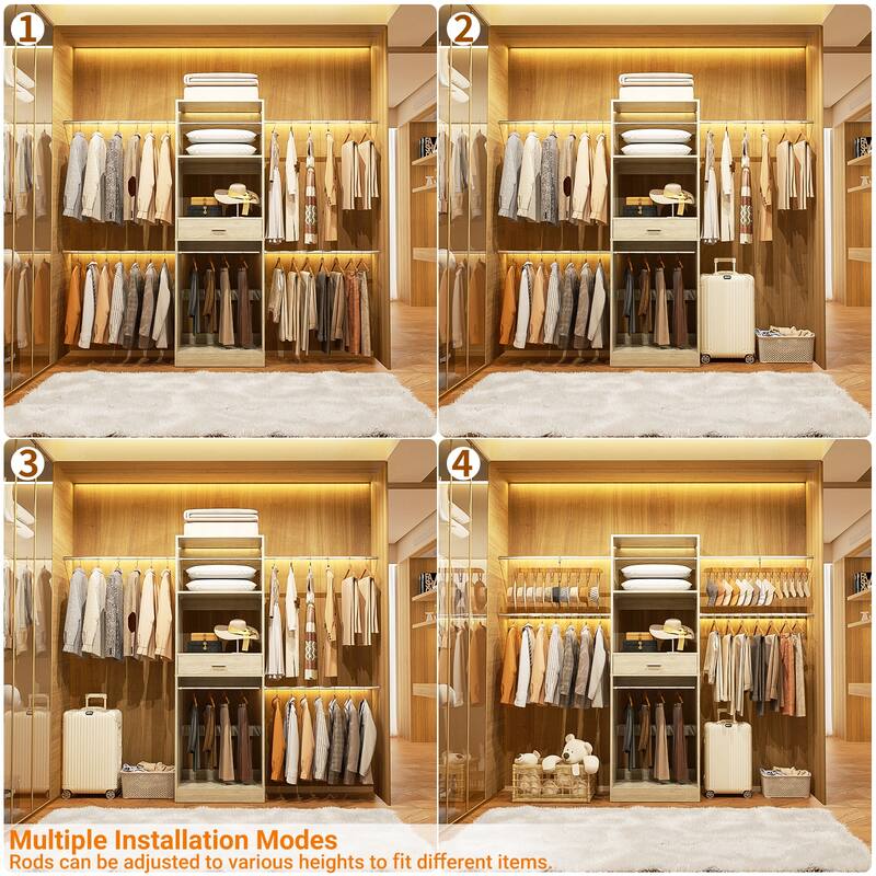 Rackcog 96'' Closet System with 6 Hanging Rods, Adjustable Closet Organizer with Drawers and Shelves