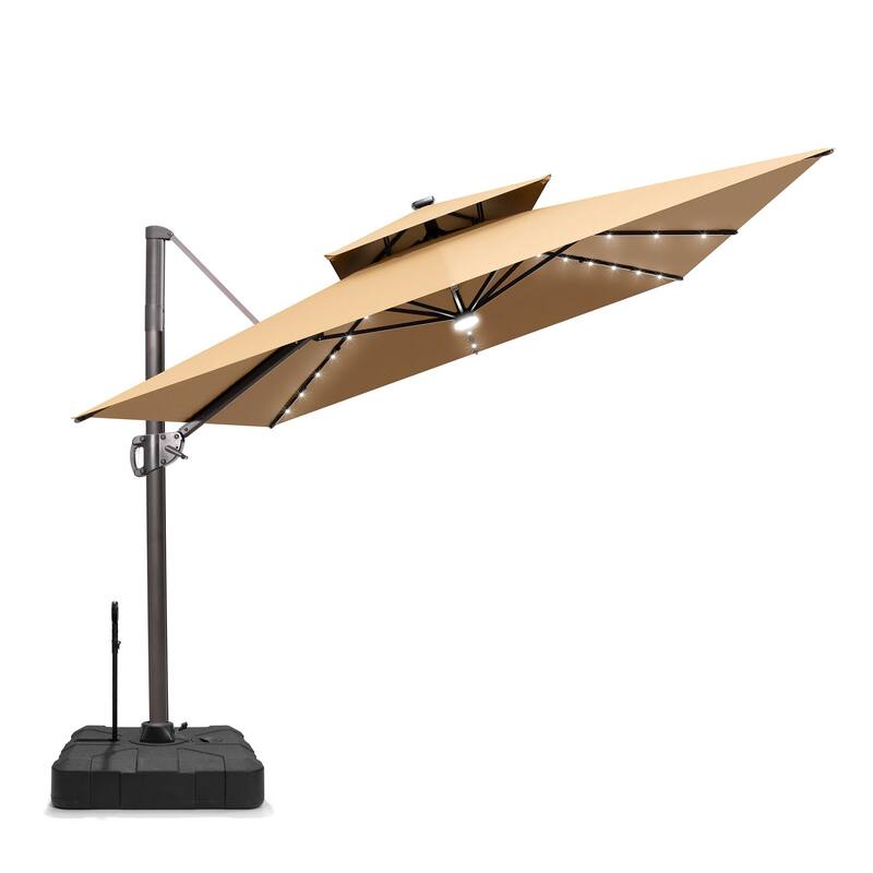 9 X 11 FT Outdoor Patio Cantilever Umbrella with Solar Lights Rod Wheel Base Double Canopy 360 Rotation Tilt