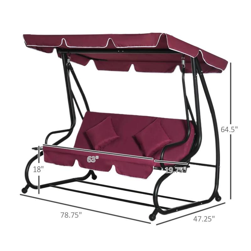 3-Seat Convertible Patio Swing Glider, Cushion Set, Adjustable Canopy