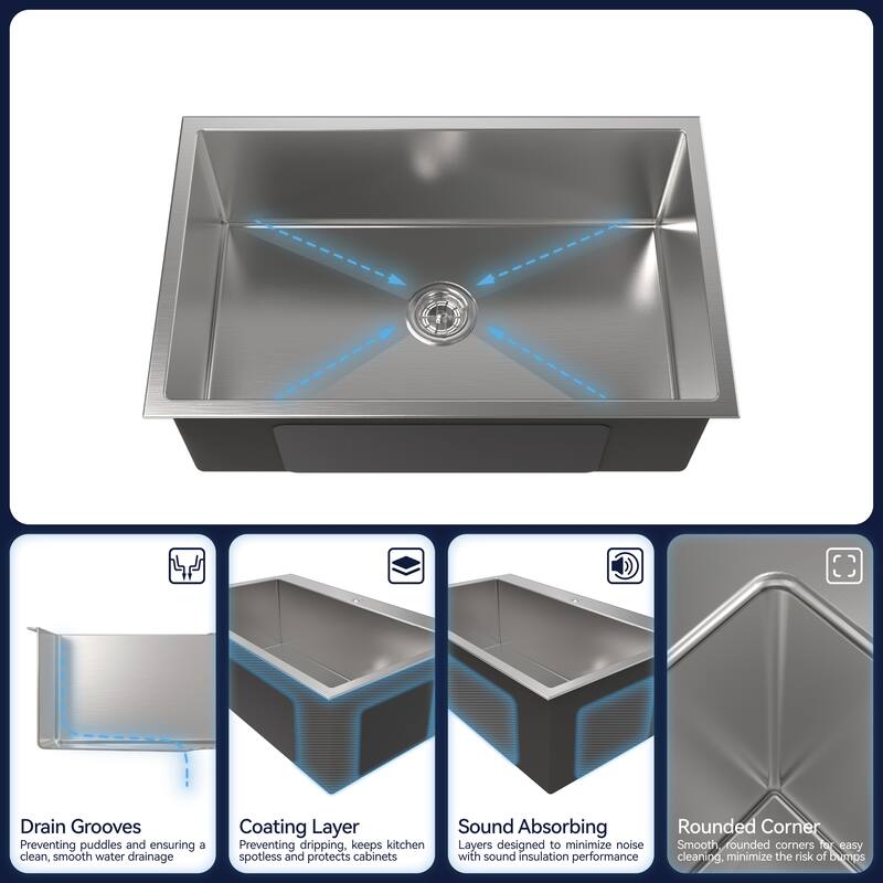 Dark Gray 30 Inch Single Bowl Undermount Kitchen Sink 304 Stainless Steel Brushed Finish with Grid Drain - 30" L × 19" W × 10" H