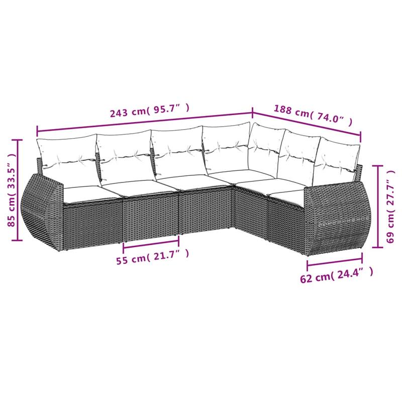 vidaXL Patio Sofa Set with Cushions Outdoor Conversation Furniture Poly Rattan - 24.4 x 24.4 x 27.2