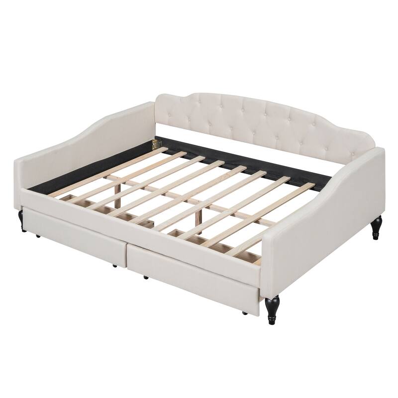 Beige Multifunctional Design Full Size Upholstered Tufted Daybed with Two Drawers for Bedroom