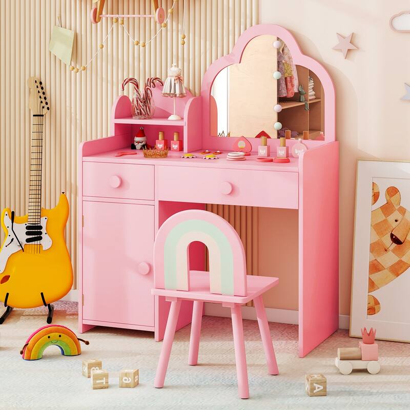 Children's Vanity Table and Stool Set with Mirror and Drawers Cabinet for Bedroom or Playroom - 31.5" x 16" x 38.5" (L x W x H)