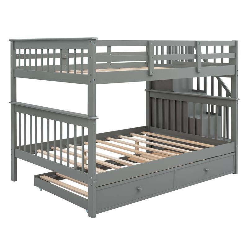 Stairway Full-Over-Full Bunk Bed with 1 Twin Trundle, 4 Open Shelves and Guard Rail