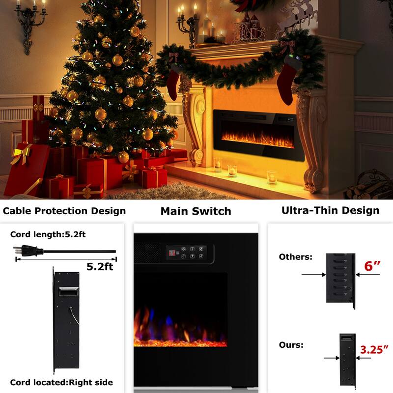 Bossin 30 to 72 inch Electric Fireplace Ultra-Thin and Silence Linear Recessed Wall Mounted Fireplace with Remote Control