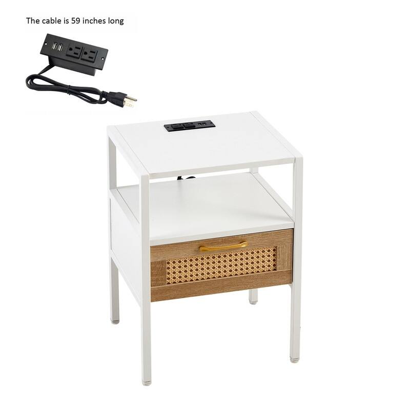15.75" Modern Rattan End Table with Charging Station Nightstand with Drawer Metal Legs Side Table