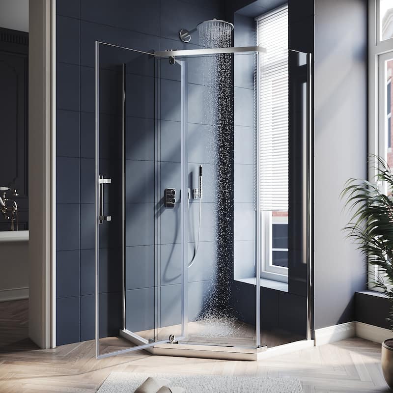 Elegant Neo-angle Frameless Sliding Shower Enclosure 36.5" W x 36.5" D x 72" H with 1/4" Clear Tempered Glass Door