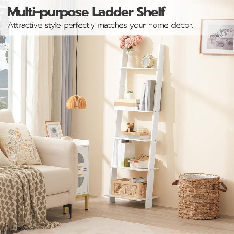 5 Tier Ladder Bookshelf Wall Leaning Ladder Shelf - 11.8"D x 15.7"W x 58.3"H