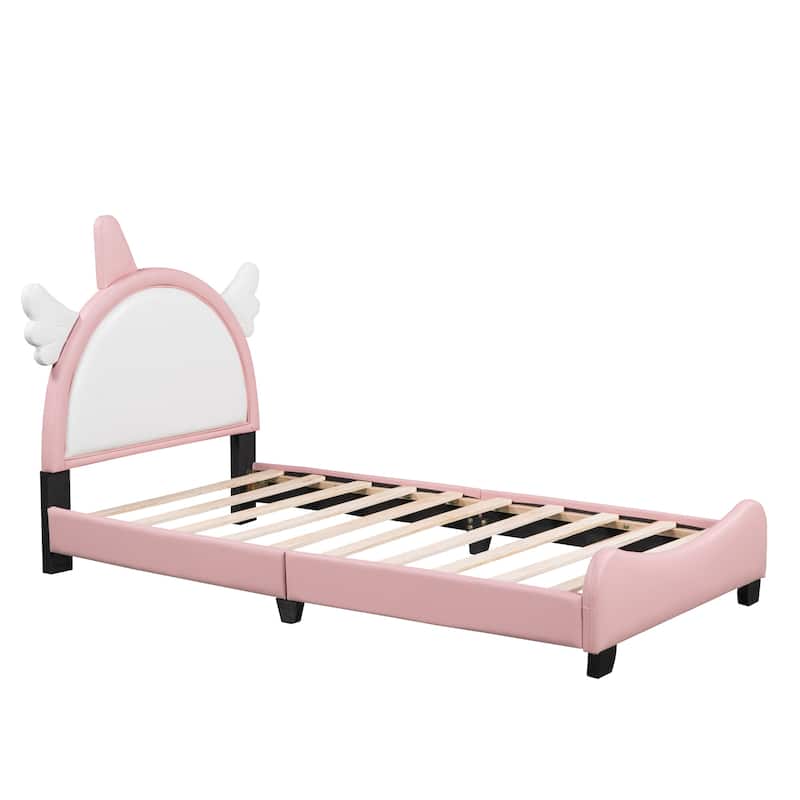 Wooden Upholstered Bed Platform Bed With Unicorn-Shape Headboard Kids ...
