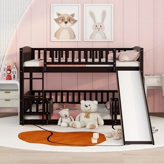 Full over Full Low Bunk Bed with Fence and Ladder for Toddler Kids ...