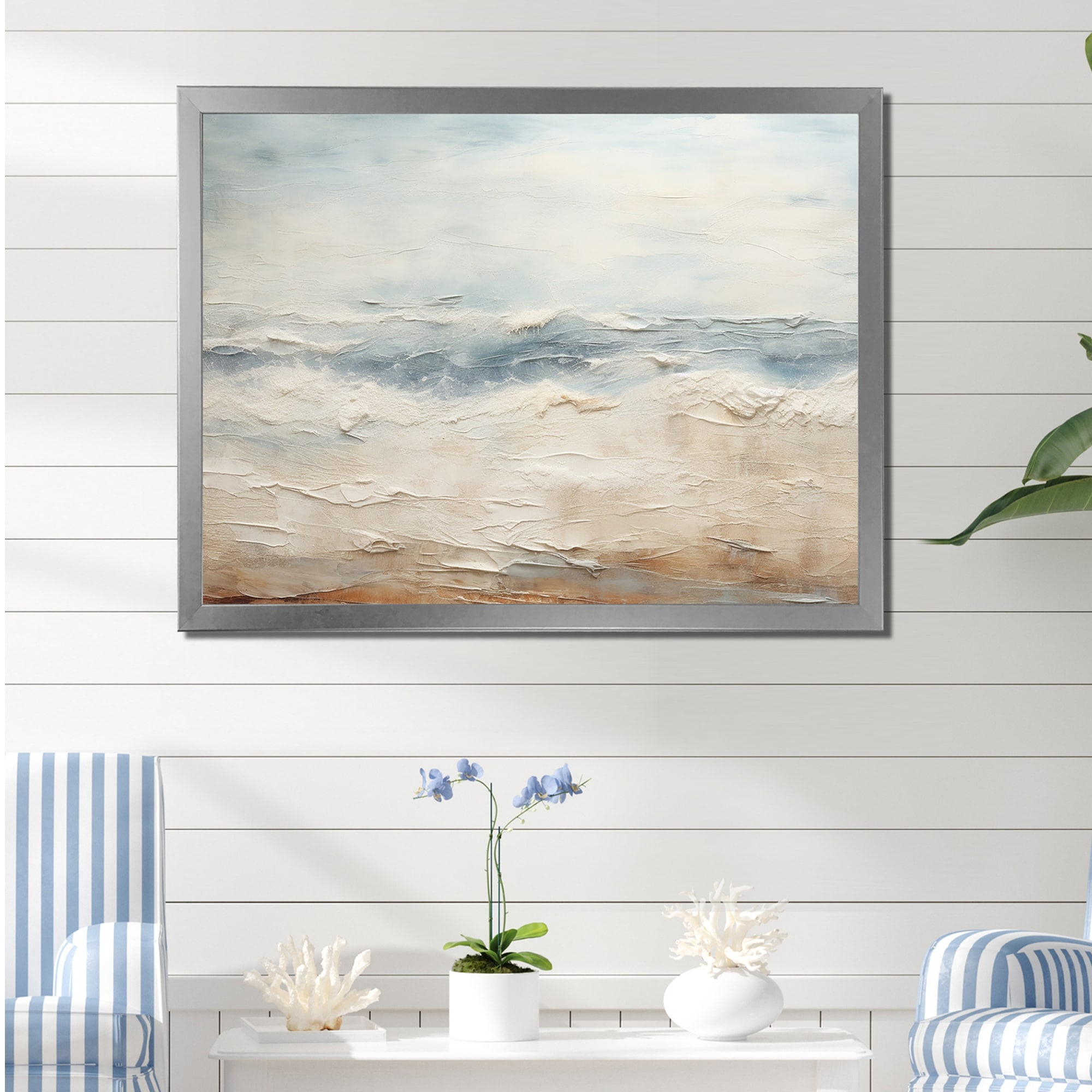 Designart "Modern Coastal Beige And Grey River" Coastal Ocean Framed Canvas Prints