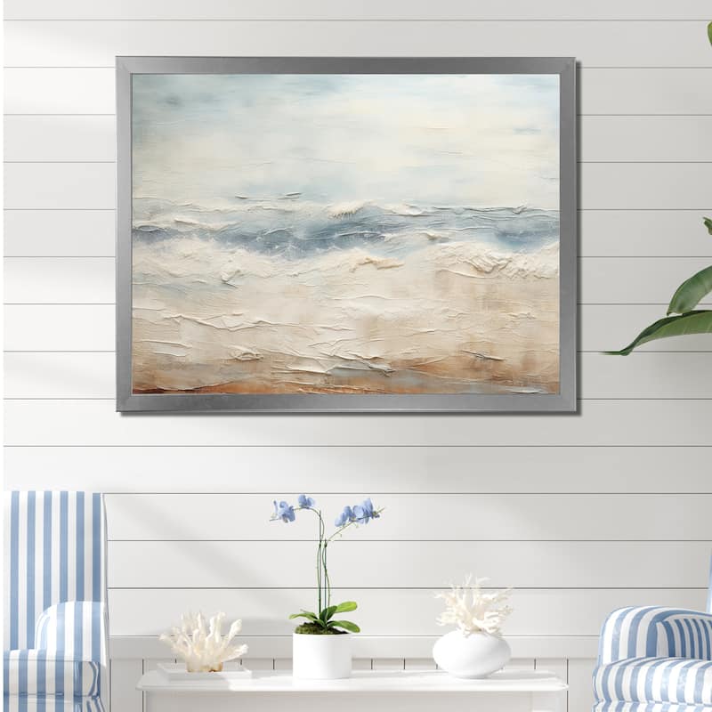 Designart "Modern Coastal Beige And Grey River" Coastal Ocean Framed Canvas Prints - 32 in. wide x 24 in. high - Silver
