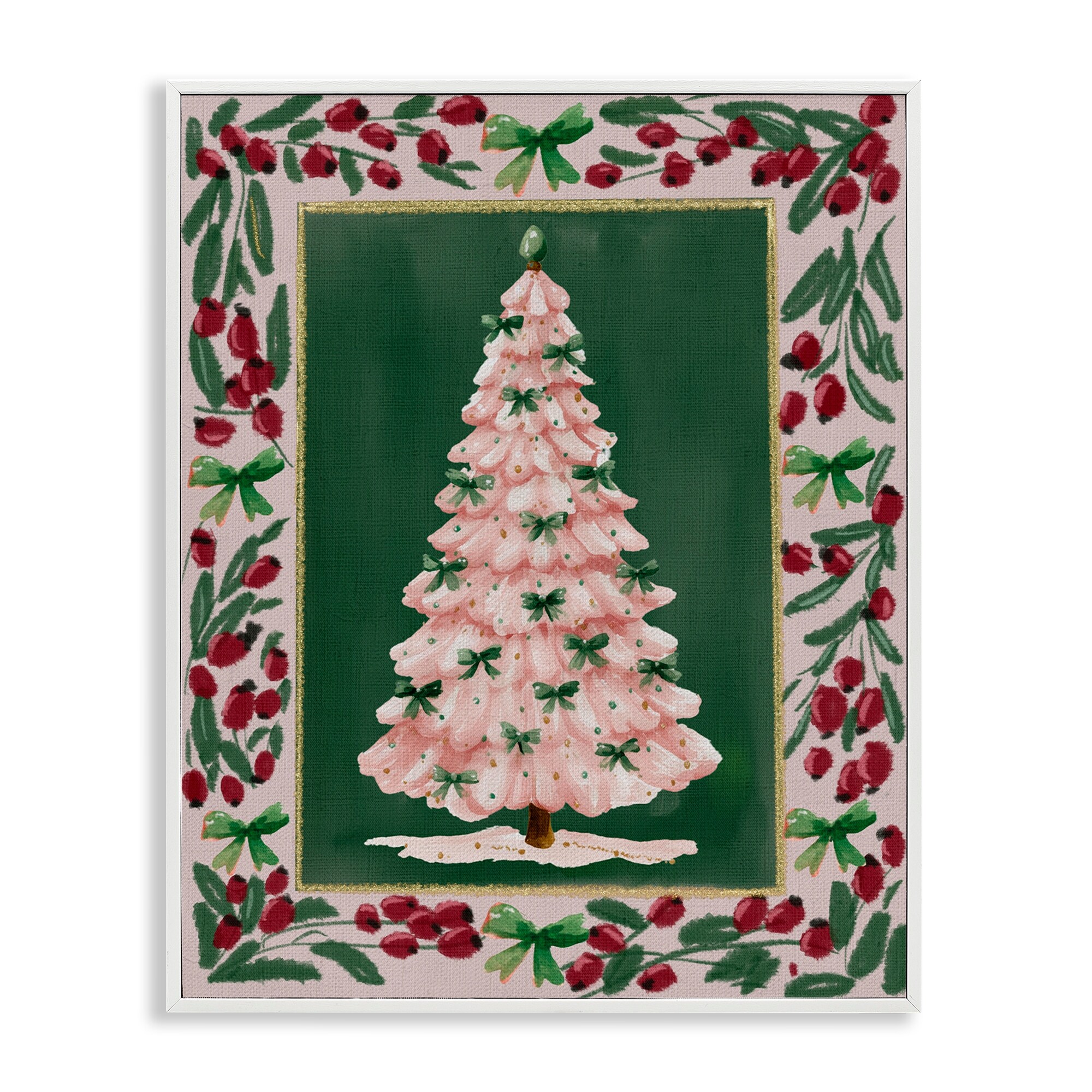 Stupell Pink Christmas Tree Botanical Border Framed Giclee Art Design By Yen