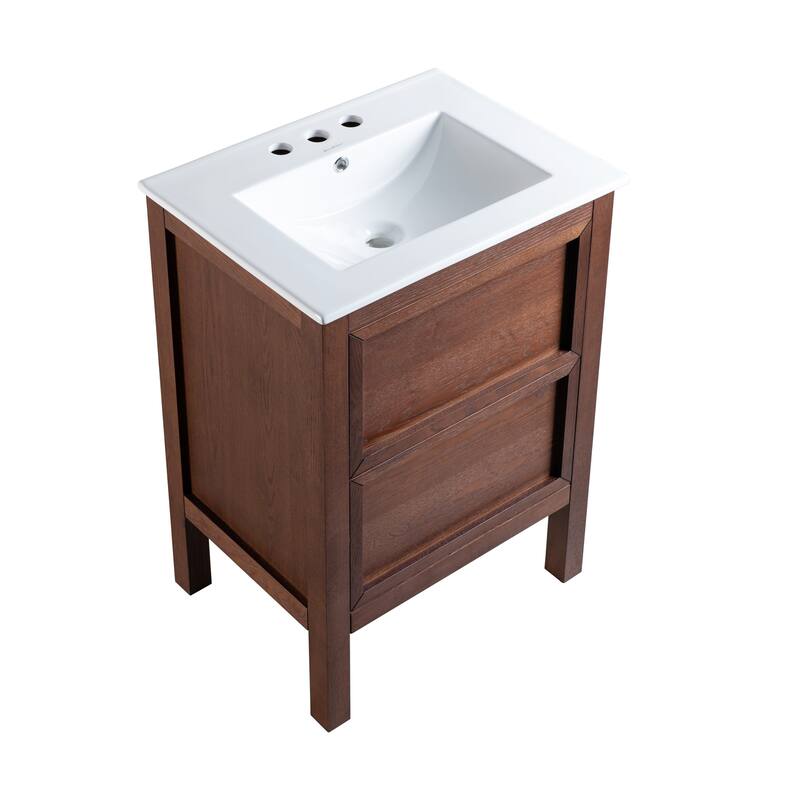 Nadar 24 In. Brown Walnut Bathroom Vanity With White, 3-Hole Ceramic Sink Top