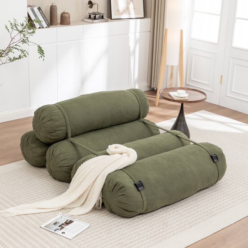 Versatile Lazy Sofa Corduroy Chaise Lounge Floor Couch Composed of 5 Cylindrical Pillows with Adjustable Straps - Green